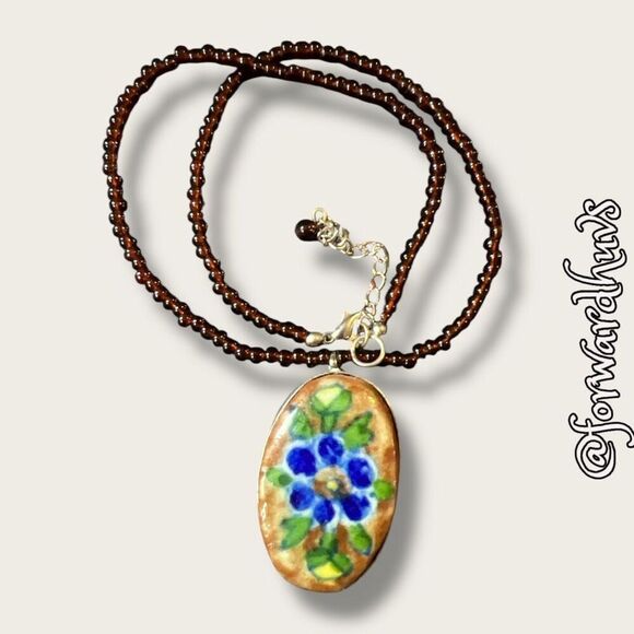 Hand Painted Pendant Necklace with Seed Bead Chain - Picture 6 of 12